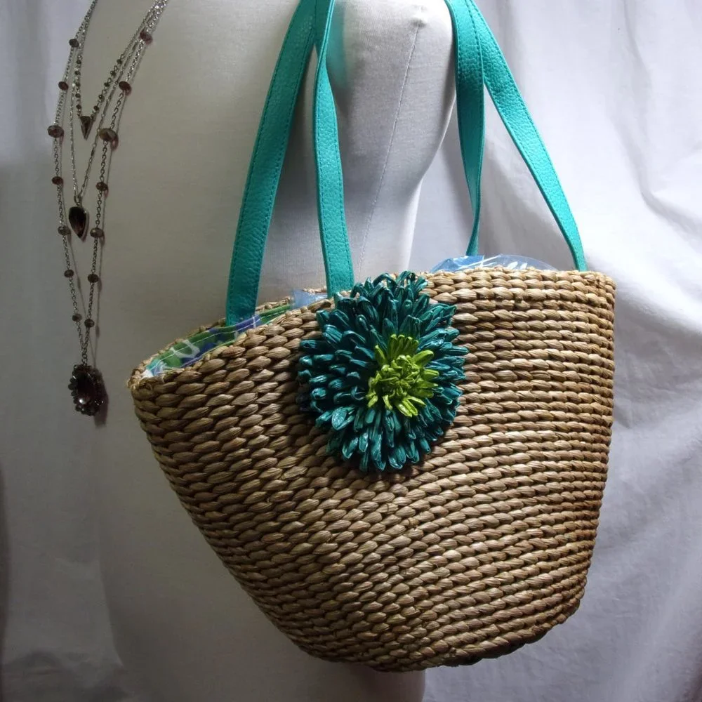Straw Handbag Jade Trim Trim Rosette Accent NWOT
